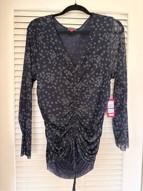 Women's Navy Floral Ruched V-Neck Dress